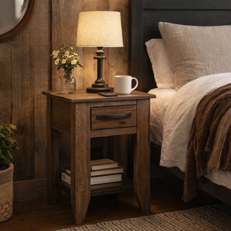 Tacey Chairside Table, 1 Drawer, 1 Shelf, Peanut Brown Wood, 18 Inch