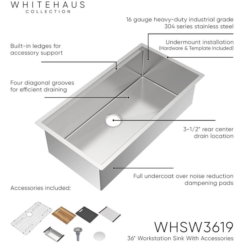 Whitehaus WHSW3619 36" Undermount Single Basin Stainless Steel Kitchen - Brushed Stainless Steel