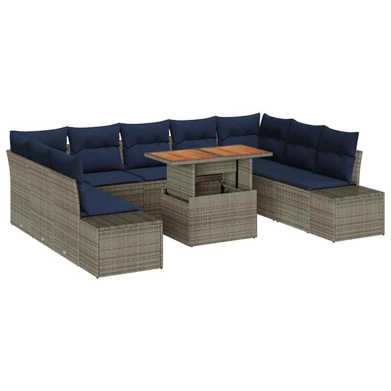 vidaXL 10 Garden Sofa Set with Cushions Black/Grey Poly Rattan - 113.8 x 82.3 x 27.2