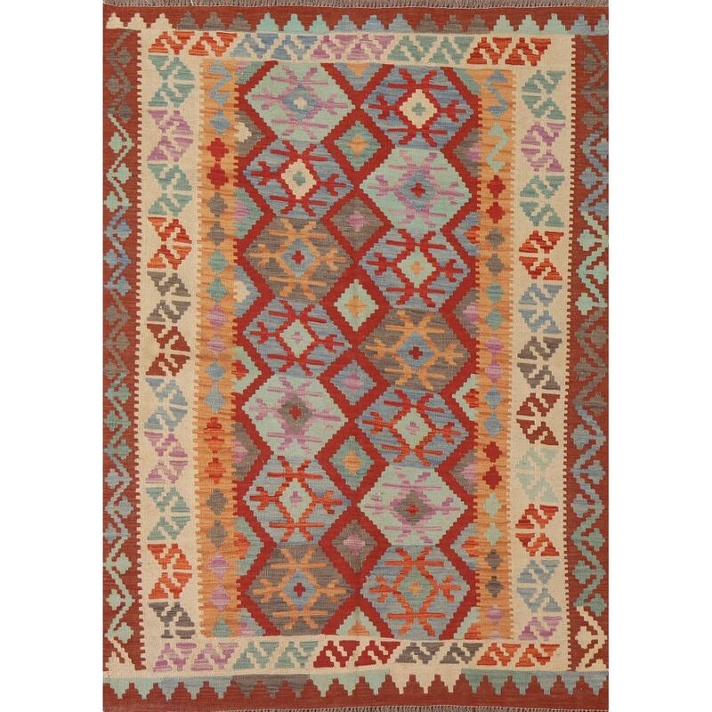 Hand Woven Oriental 100% Wool Carpet Southwestern Geometric Red Kilim Area Rug - 6' 3'' X 4' 11''