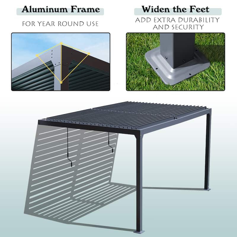 Aoodor Outdoor Aluminum Wall Mounted Louvered Pergola Waterproof Gazebo Sun Shade Shelter with 2 Adjustable Rainproof Panels
