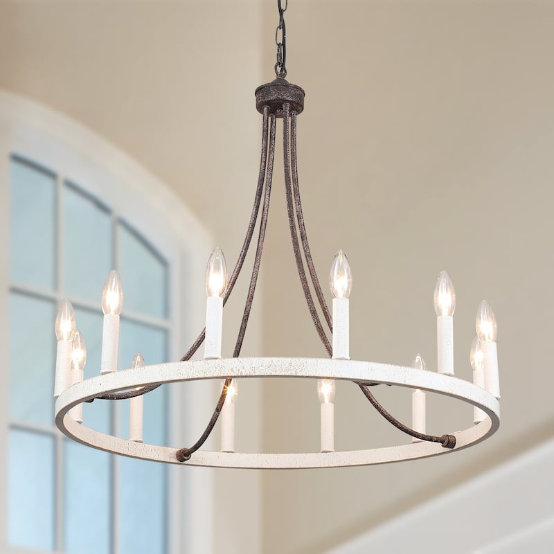 12-Light 26.77-inch Vintage Rustic Wagon Wheel Chandelier for Kitchen - Antique Brown+Retro White