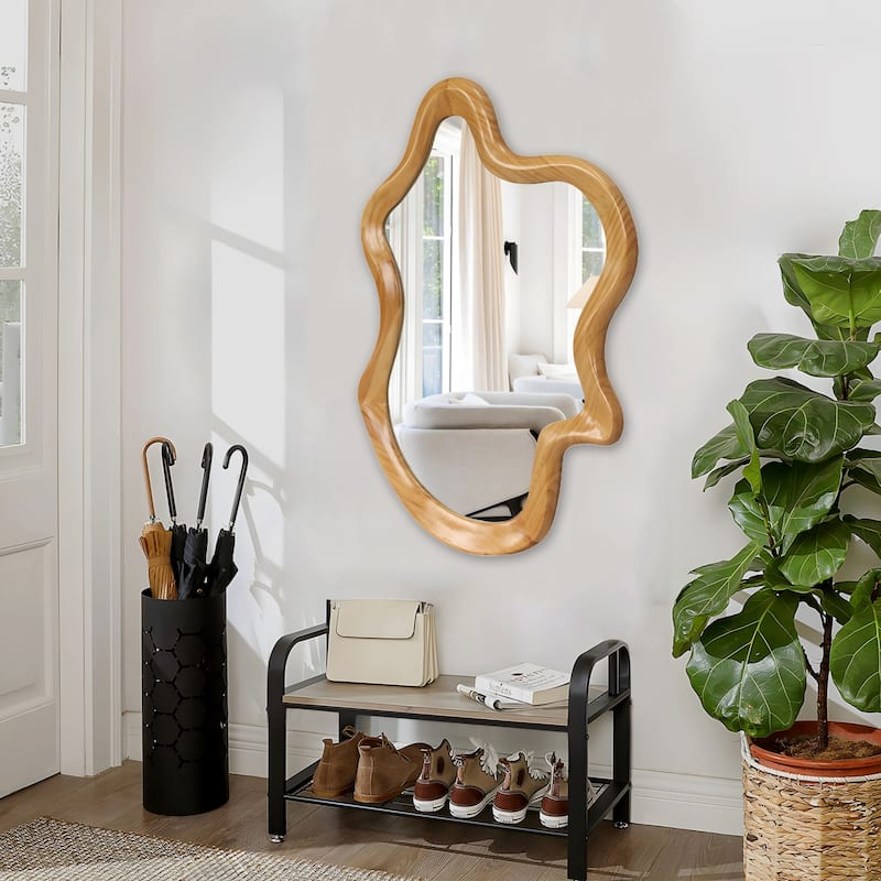 33.46" x 22.24" Irregular Shaped Wall Mirror with Natural Wood Frame