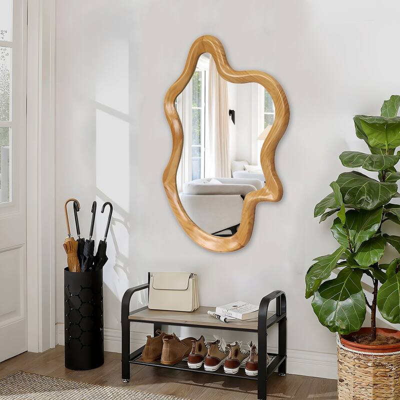 Irregular Natural Wood Frame Wall Mirror - Decorative Accent for Home - Natural Wood