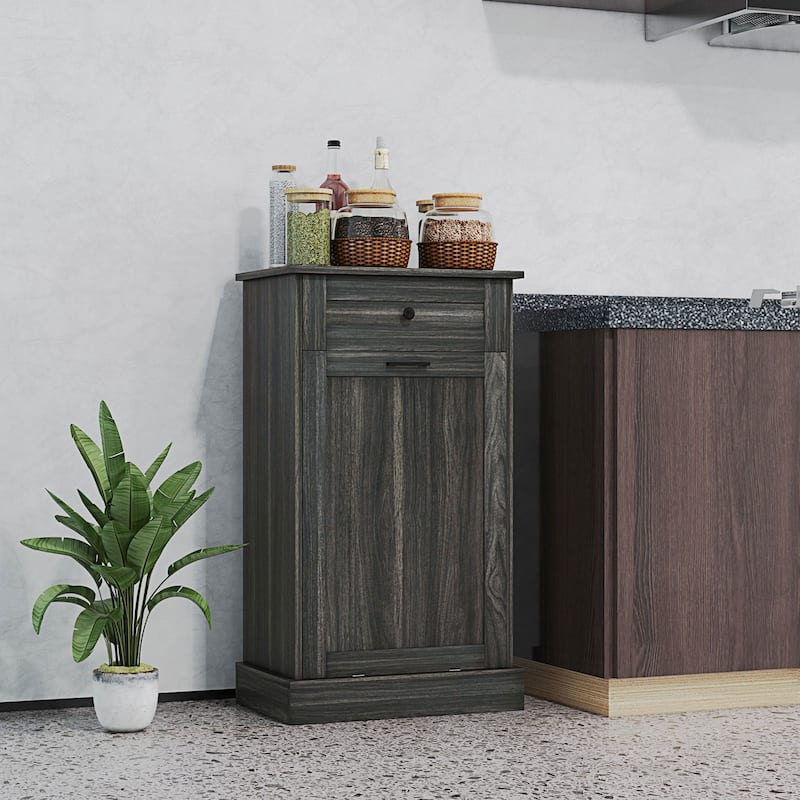 HOMCOM Kitchen Tilt Out Trash Bin Cabinet Free Standing Recycling Cabinet Trash Can Holder With Drawer, Charcoal Gray - Charcoal Gray