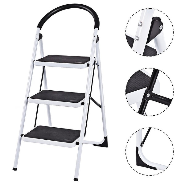 Costway 3 Step Ladder Folding Stool Heavy Duty 330Lbs Capacity Industrial Lightweight - Black & White