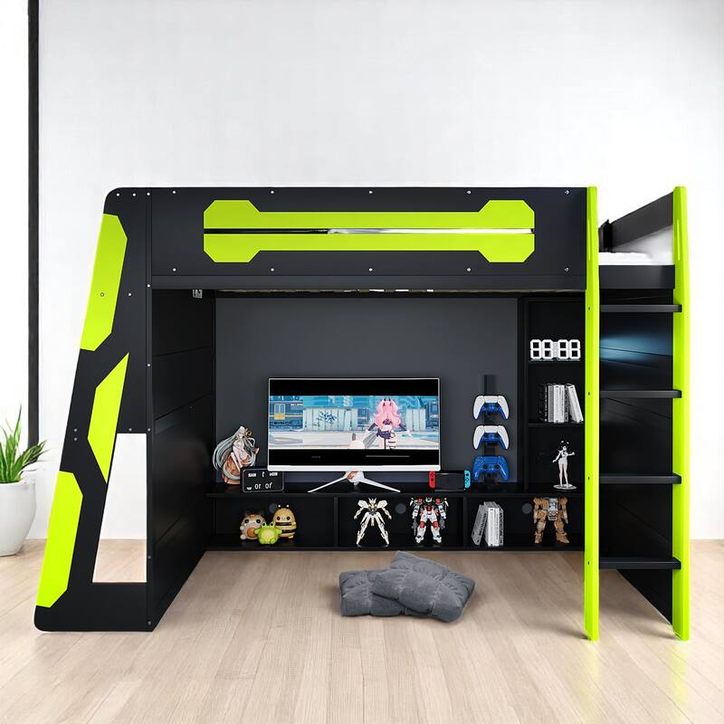 Full Size Gaming Loft Bed with Storage Shelves, Built-in Desk and RGB Light, Sturdy Wood Construction