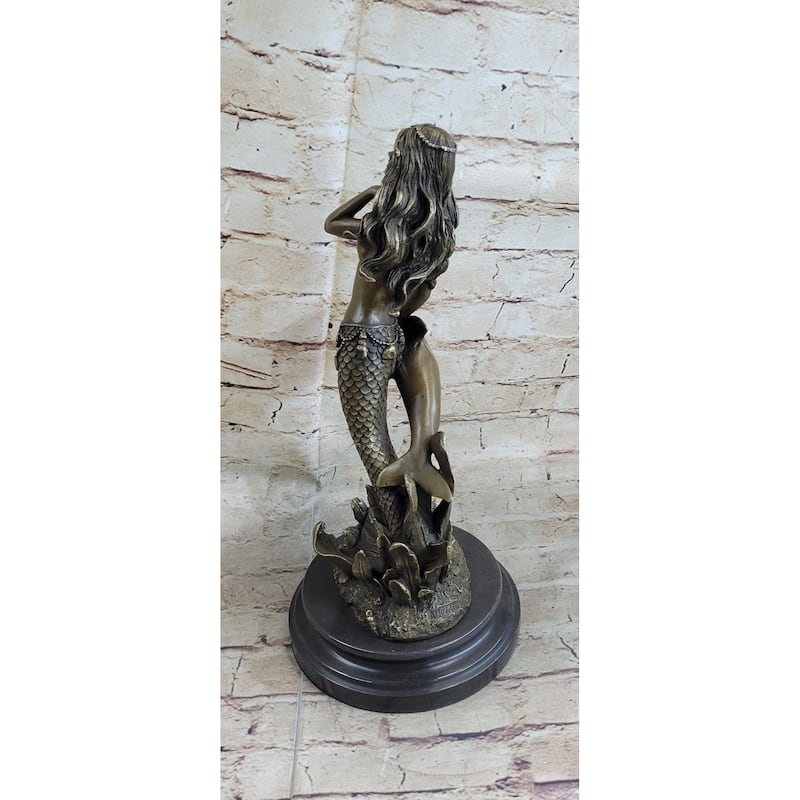 Mermaid And Imitative Dolphin Bronze Statue Sculpture Figure Original Art Marble Base 14 Inches X 9 Inches