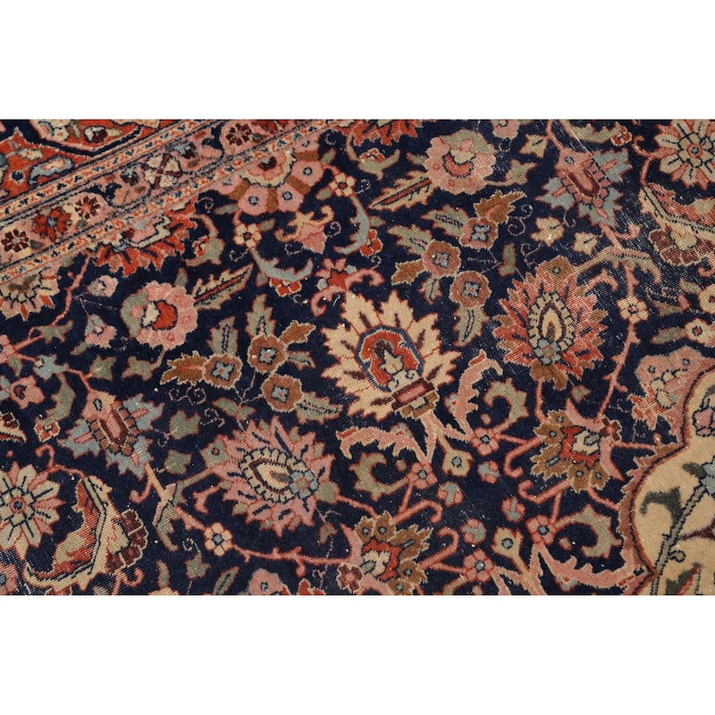 Hand Knotted Oriental 100% Wool Carpet Traditional Floral Navy Blue & Blues Tabriz Area Rug - 11' 10'' X 9' 4''