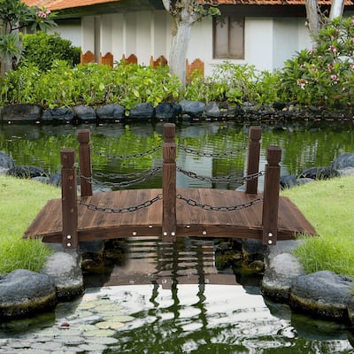 Outsunny 5ft Wooden Garden Bridge Arc Stained Finish Walkway with Chain Railings, Stained Wood