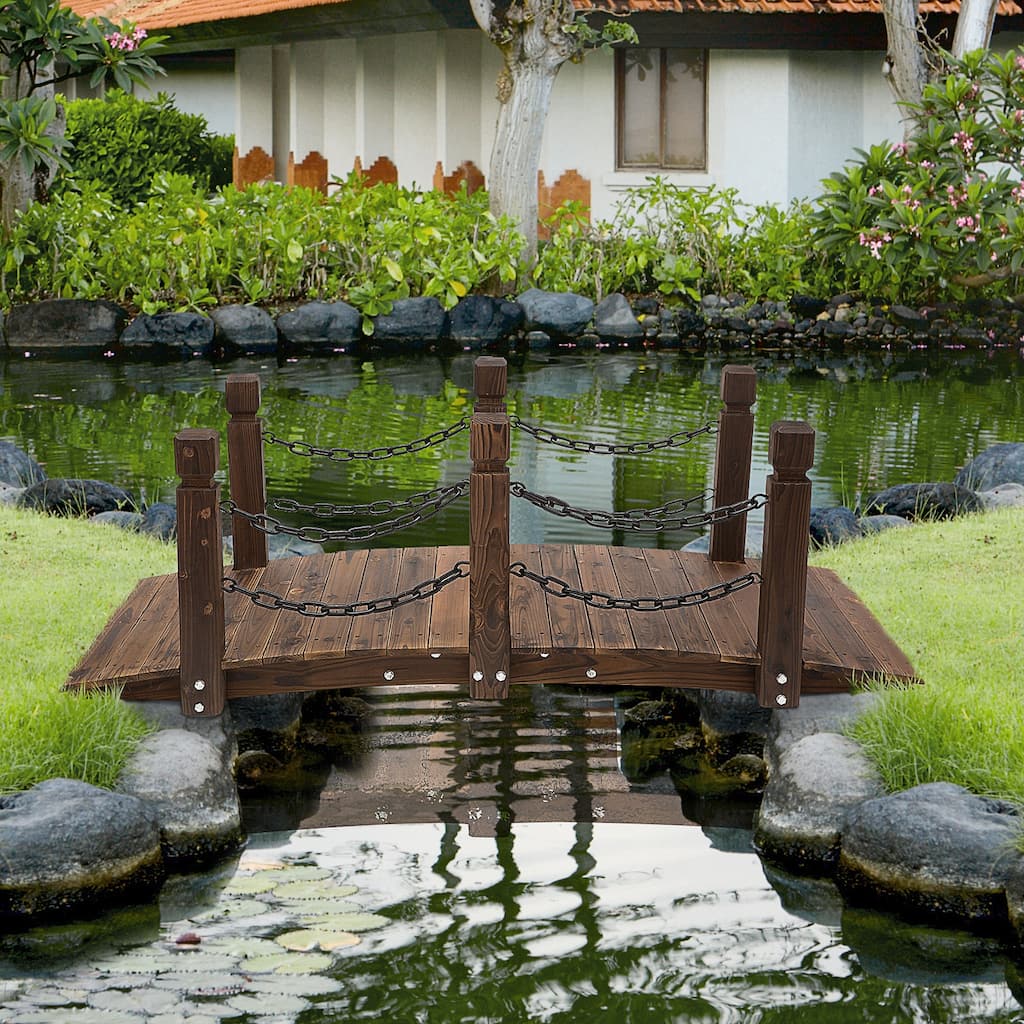 Outsunny 5ft Wooden Garden Bridge Arc Stained Finish Walkway with Chain Railings, Stained Wood