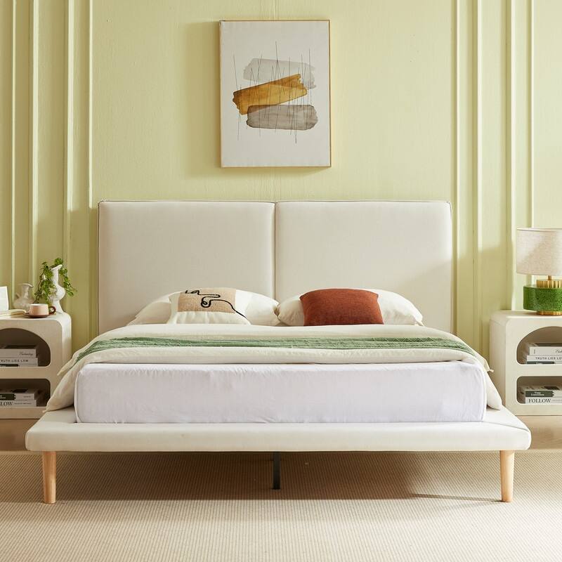 Plywood Frame Linen Upholstered Platform Bed - Beige - Queen