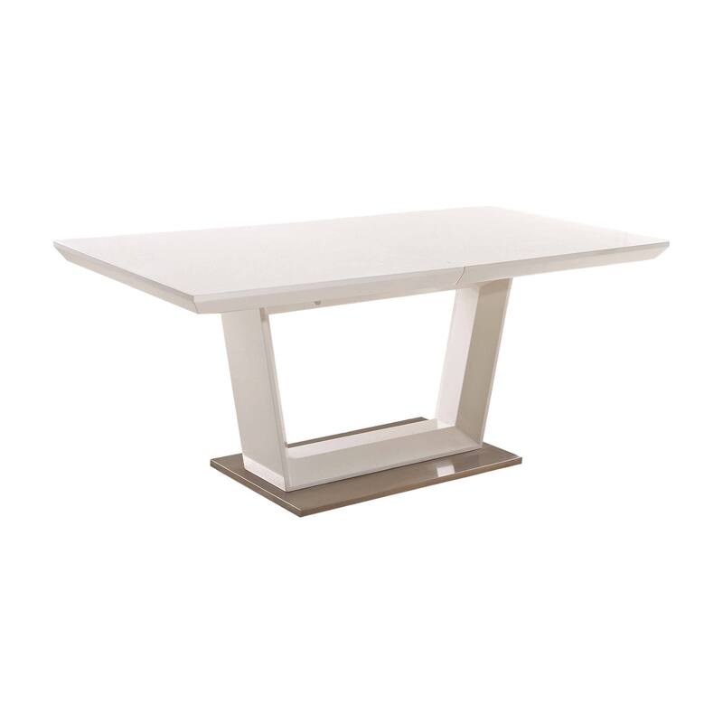 HomeRoots 71" White Wood and Metal Self-Storing Leaf Pedestal Base Extendable Dining Table - 71.00 in. x 30.00 in. x 42.00 in.