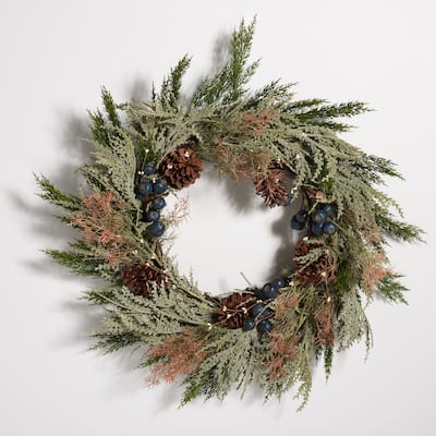 SAFAVIEH Faux 24 Inch Pine Wreath W/ Pine Cones & Blueberries - Green/Blue - 24" W x 24" D x 7" H