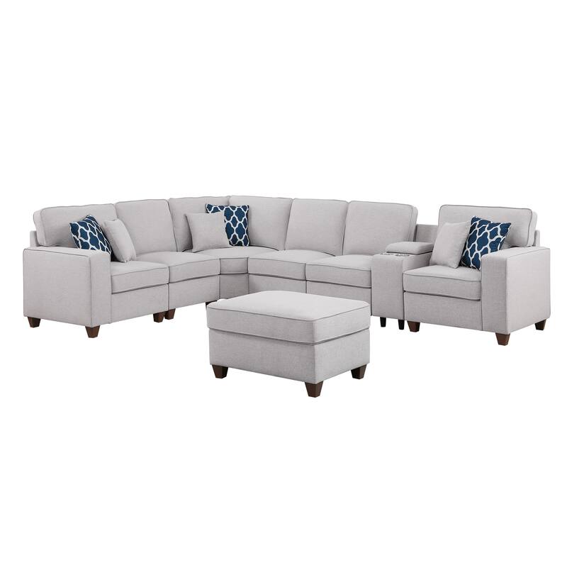 Modern Linen Sectional Sofa with Removable Back Cushions,Accent Sofa with Ottoman,Cupholder and USB port