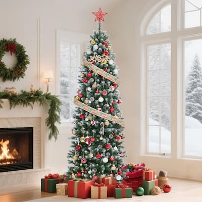 12FT Pre-Lit Pencil Christmas Tree,Artificial Christmas Tree, Frosted Xmas Tree with Stand