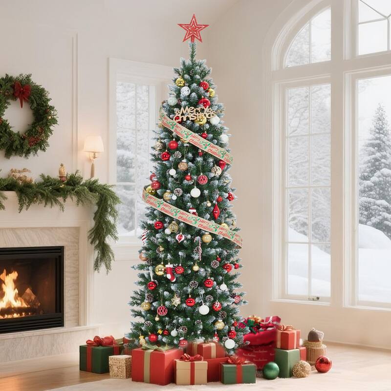 6ft Prelit Flocked Pencil Christmas Tree with Lights, Slim Artificial Xmas Tree with Snowy Branch - 9 Foot - White