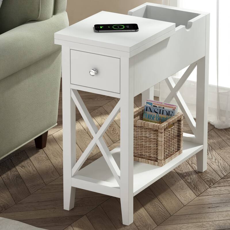 2-Drawer End Table, Flip Top Narrow End Table with Drawer, Accent Small Side Table Nightstand for Small Space