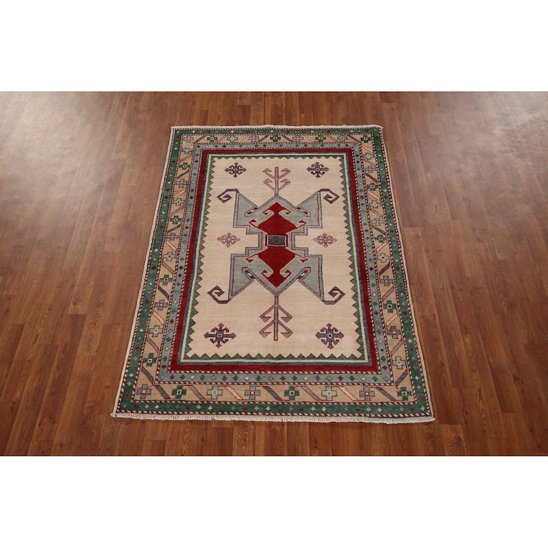 Ivory Geometric Kazak Oriental Area Rug Handmade Bedroom Wool Carpet - 4'0" x 5'9"