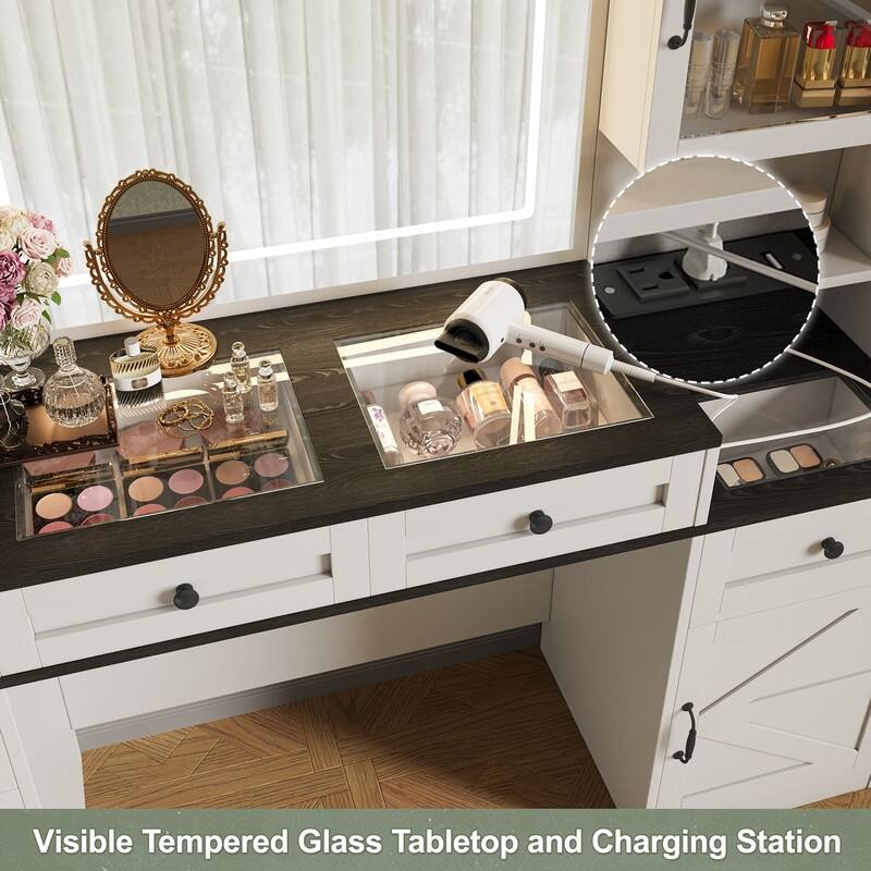 Large Makeup Vanity Desk with Mirror & Lights, Glass Top Vanity Set with Charging Station & Cabinets, Dressing Table with Stool