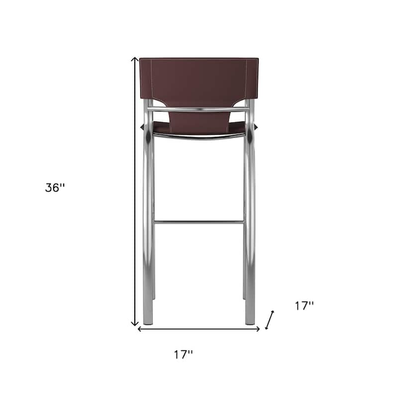 HomeRoots Set of Two 25" Brown and Silver Faux Leather and Metal Low Back Counter Height Bar Chairs