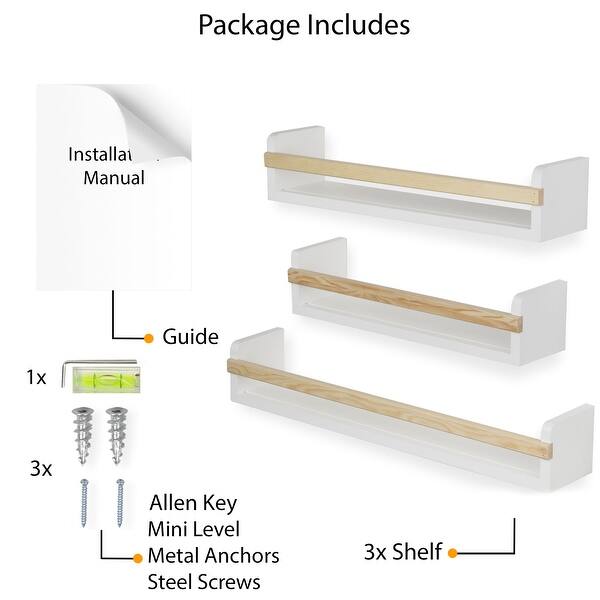 dimension image slide 0 of 2, Wallniture Utah Wood Wall Shelves Kids Bookshelf Set of 3 Toy Storage - White