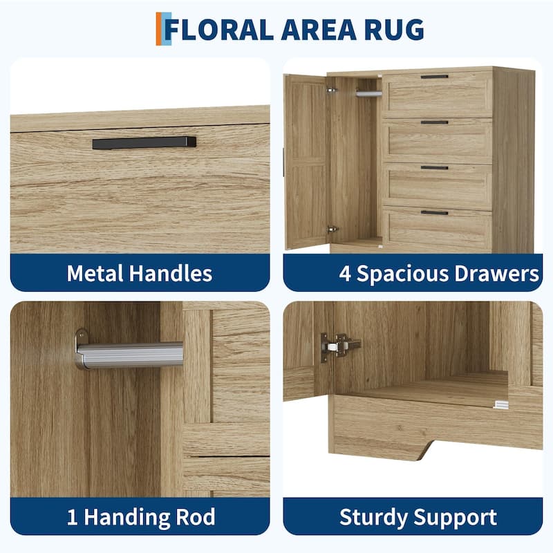 Wood Armoire Wardrobe Closet with 4 Drawers and Door, 43.3" H Bedroom Wardrobe Cabinet with Hanging Rod