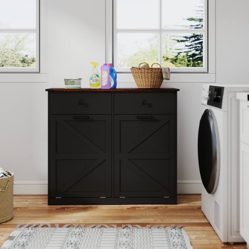 Tilt Out Trash Cabinet, Freestanding Wooden Trash Recycling Cabinet, Hidden Dual Laundry Cabinets with 2 Drawers & 2 Baskets