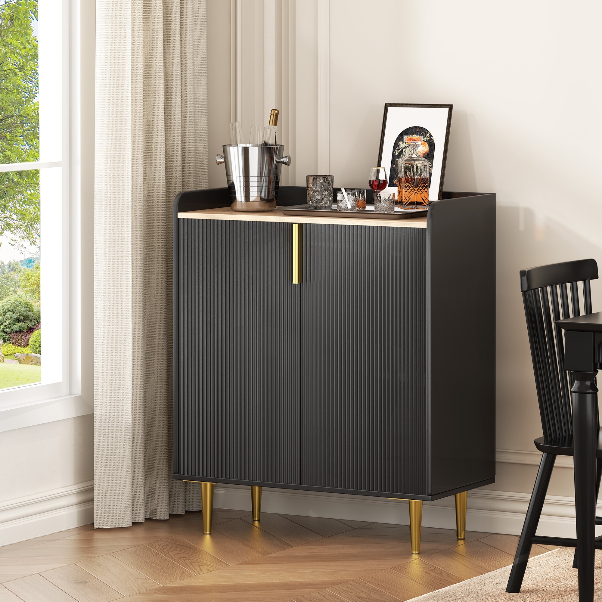 EROMMY Fluted Bar Cabinet with Wine Rack & Glass Holder, Modern