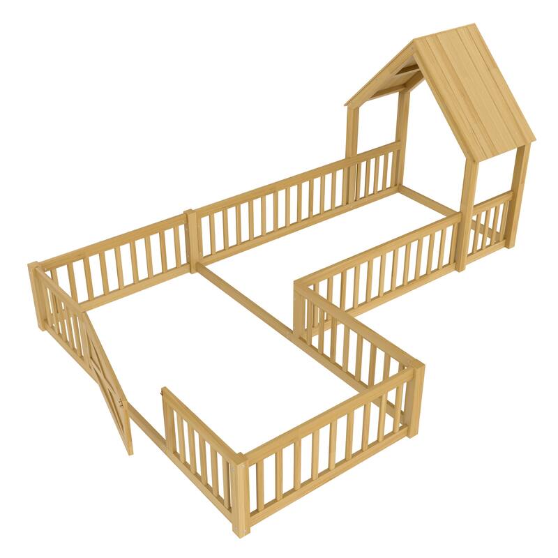 Roomfitters Double House Floor Bed with Door, Solid Wood Frame with Fence Guardrails for Playroom