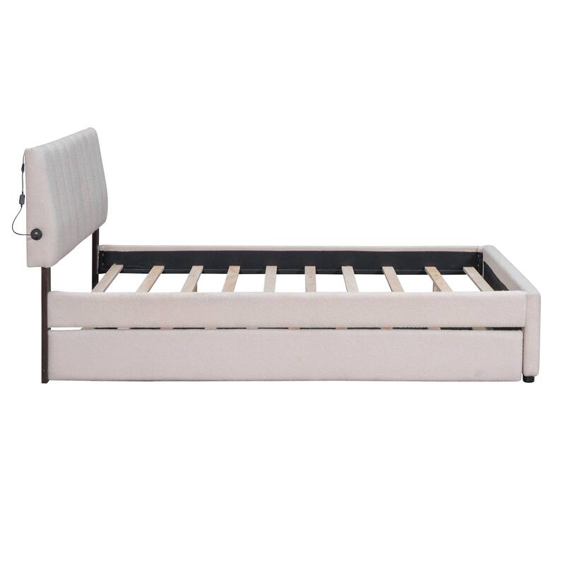Full Size Upholstered Platform Bed with Twin Trundle, Beige, Remote Control LED Lights