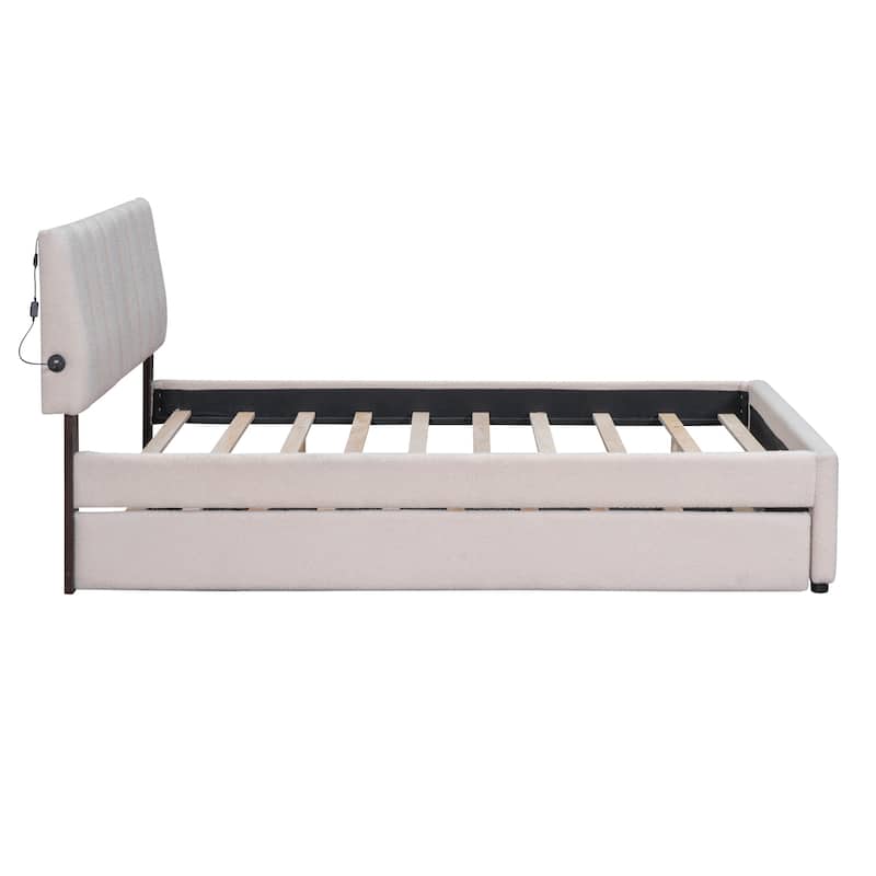 Full Upholstered Platform Bed with Teddy Fleece, Twin Size Trundle, and LED Lights for Sleepovers