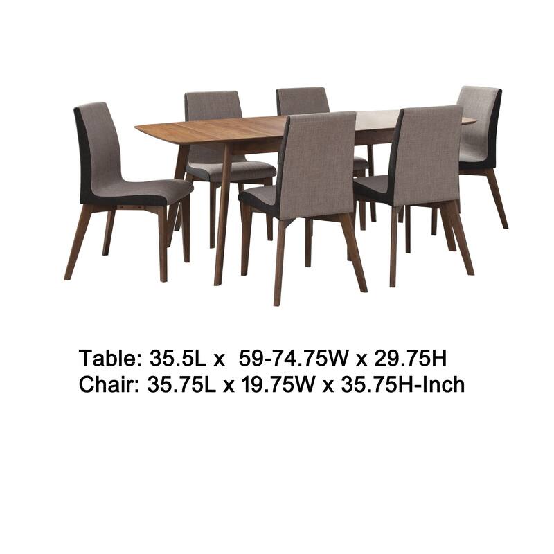 Bera 7pc Dining Set w Chairs, 59-75 Inch Extendable, Walnut Brown, Gray