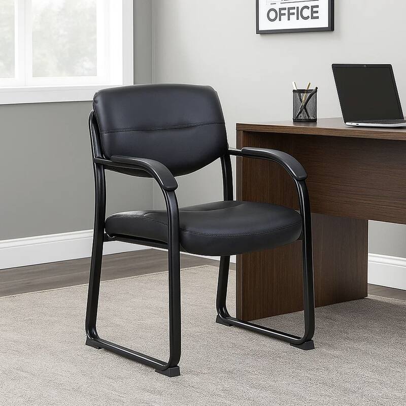 Eva Reception Armchair, Sled Base, Curved Steel Arms, Black Faux Leather