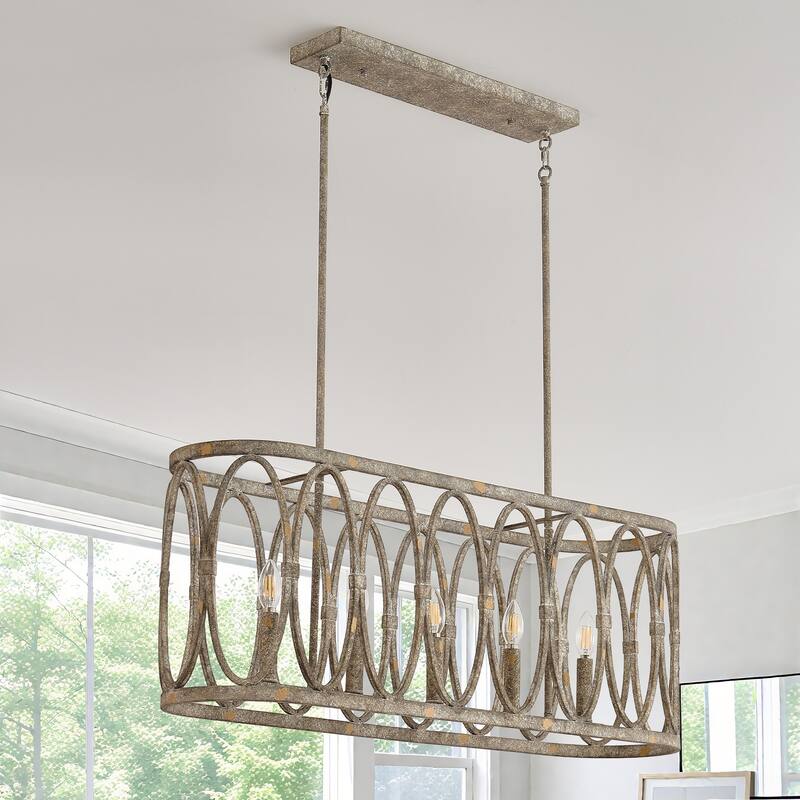 Rustic Metal Oval - Ring 5 - Light Kitchen Island Linear Chandelier - Distressed Metal