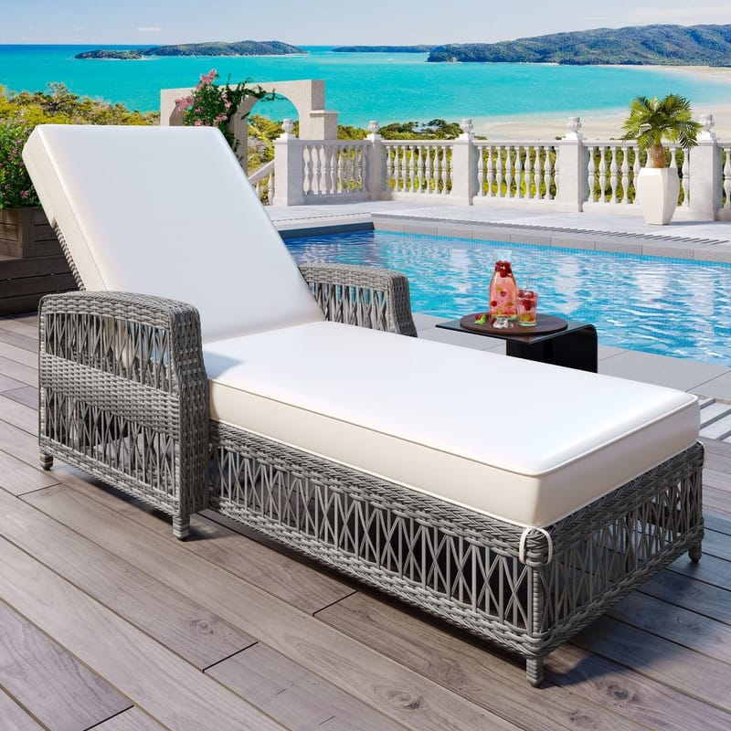 Outdoor Patio Wicker Rattan Pool Lounge Chaise with 4-Position Adjustable Backrest&Arm - Beige-Single
