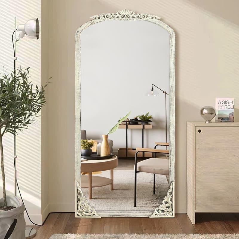 Rustic Arched Solid Wood Framed DIY Carved Full Length Mirror - 64"x21" - Weathered White