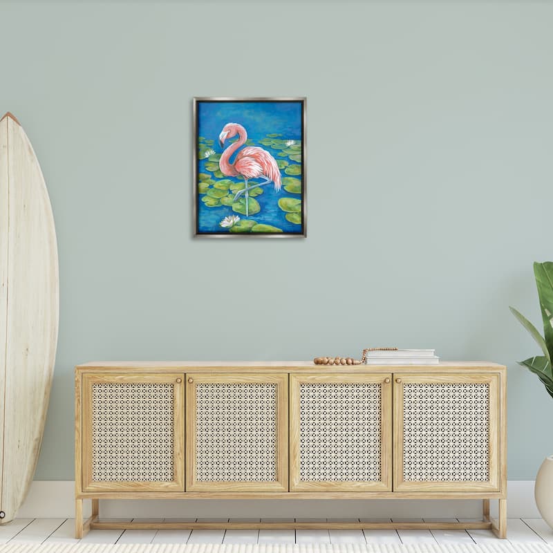 Stupell Balancing Flamingo & Lily Pads Framed Floater Canvas Wall Art Design By Diane Kater