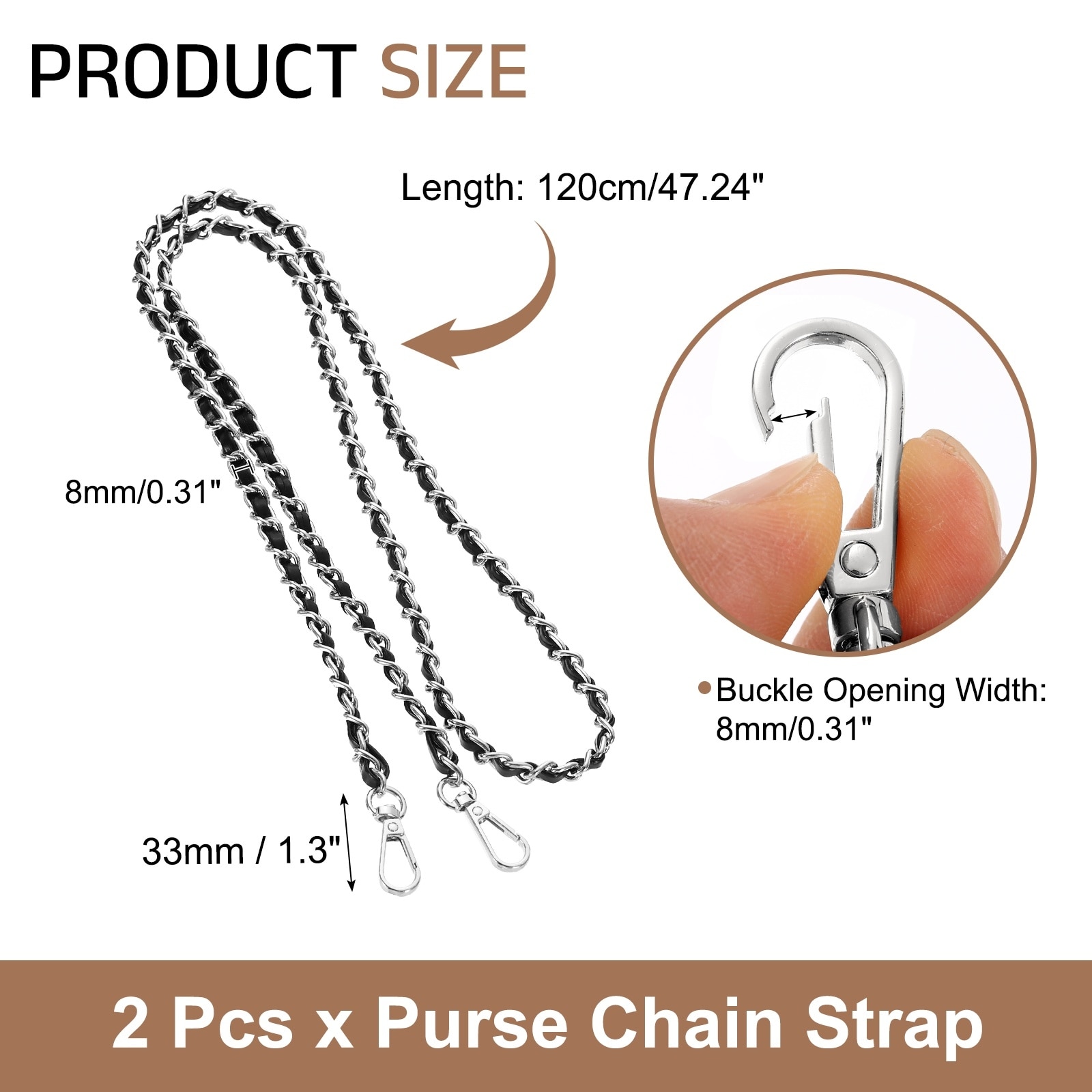 Purse Chain Strap, Iron Leather Bag Chain Strap Replacement with Buckle for Handbag Shoulder and Crossbody Bag