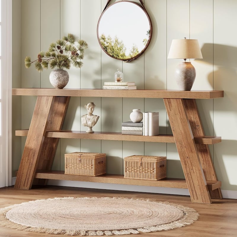 3-Tier Extra Long Console Table, 70.9" Sofa Table Behind The Couch, Farmhouse Entry Foyer Table - Brown