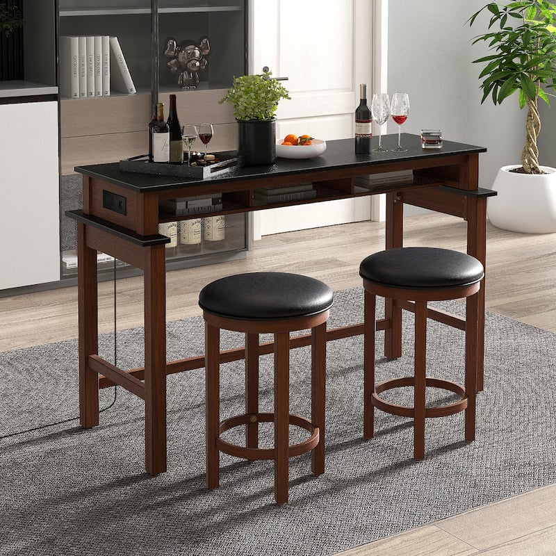 Gymax 3-Piece Home Bar Set Counter Height Bar Table w/ 2 Upholstered