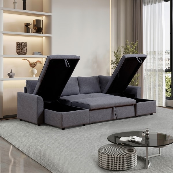 U-Shape Pull-Out Sleeper Sectional Sofa with Double Storage Chaise ...