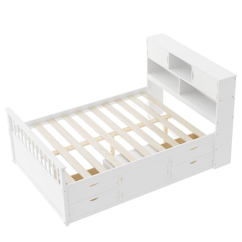 Full Size Captain Platform Bed Frame with Storage Bookcases and Shelves Four Drawers