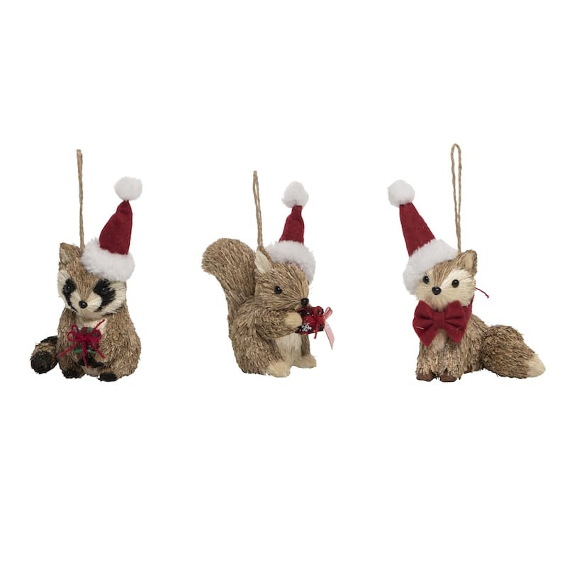 Transpac Natural Animal w/Santa Hat Ornament Set of 3 Christmas Home Decorations