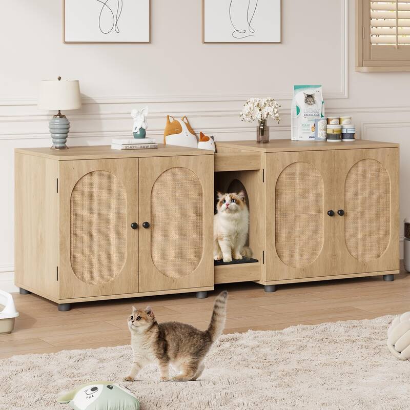 Cat Litter Box Enclosure 55.1" Double Litter Box Furniture Large Cat Box - Light Wood