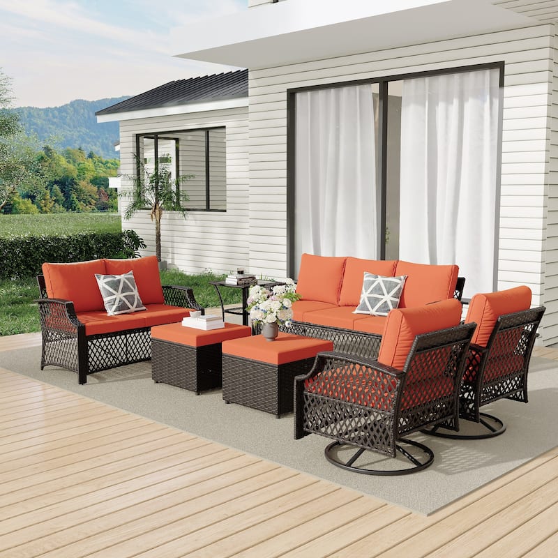 Outdoor Wicker Patio Set w Swivel Chairs & Sofa, Ottomans and Tables, Modular 3/5/6/7-Piece, All-Weather Conversation Set.