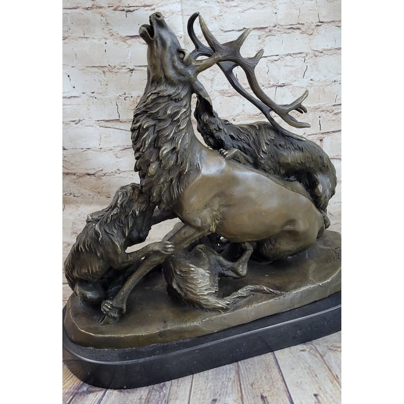 Elk Reindeer Attacked By Hunting Dogs Bronze Statue Sculpture Figure Barye 14 Inches X 16 Inches