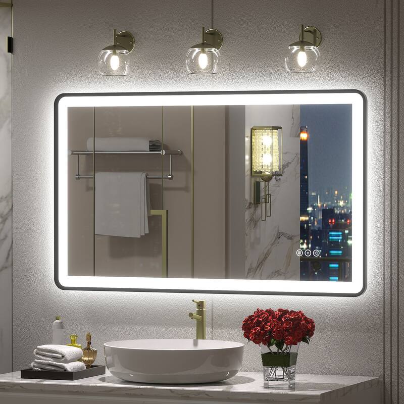 UL Certified Front & Back LED Anti-Fog Tempered Glass Framed Bathroom/Vanity Mirror 3-Year Warranty - 40" x 24"-Rounded Corner - Black