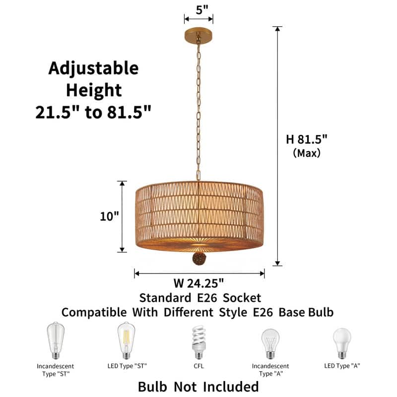 KAWOTI 5-Light Paper Woven Rope Chandelier - W24.25" x H16.25"(MaxH81.5")