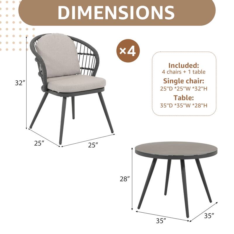 Piece Rope-Woven Aluminum Outdoor Dining Set with Ceramic Tabletop Round Table